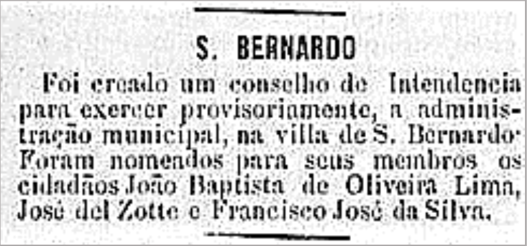 Notícia de instalação do Conselho de Intendência de São Bernardo em 3.05.1890 divulgada no jornal Correio Paulistano em 05.05.1890. Acervo da Biblioteca Nacional Digital.